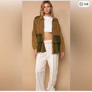 POL Two-Tone Olive Green and Brown Button-Up Peplum Blouse